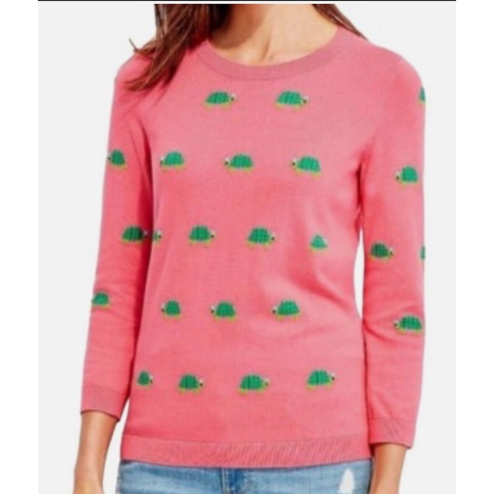 Talbots Coral Pink Novelty Print Beaded Turtle Sweater Med Preppy Sea Ocean